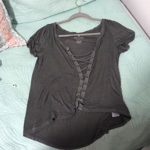 american eagle grey lace up short sleeve top
